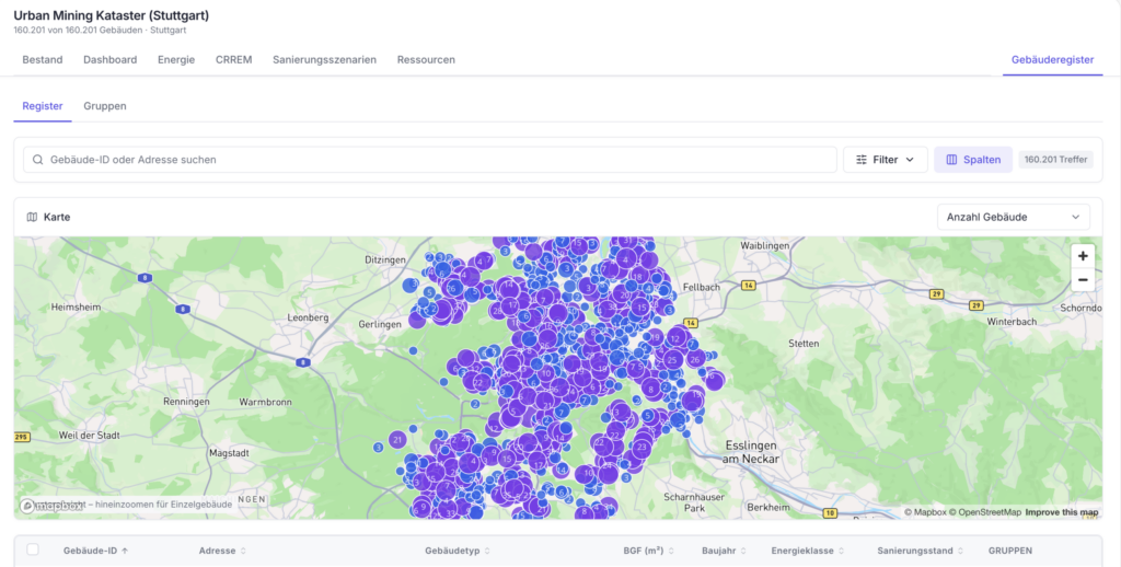 Screenshot Urban Mining Kataster Stuttgart